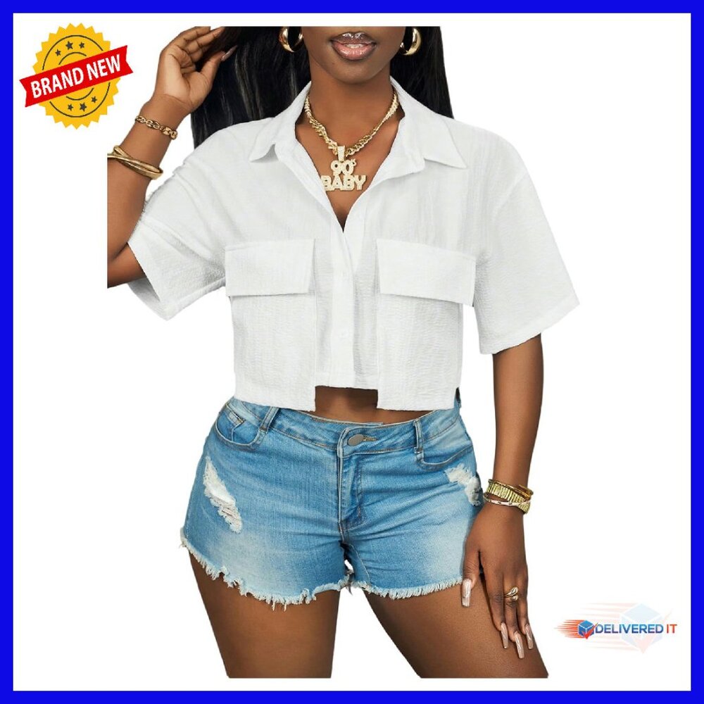 Button Down Asymmetrical Crop Top - Soft Material… - image 1
